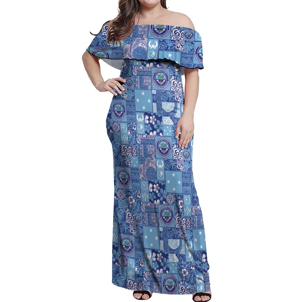 Federated States of Micronesia Merry Christmas Off Shoulder Maxi Dress Pacific Patchwork Xmas Vibes - Polynesian Pride