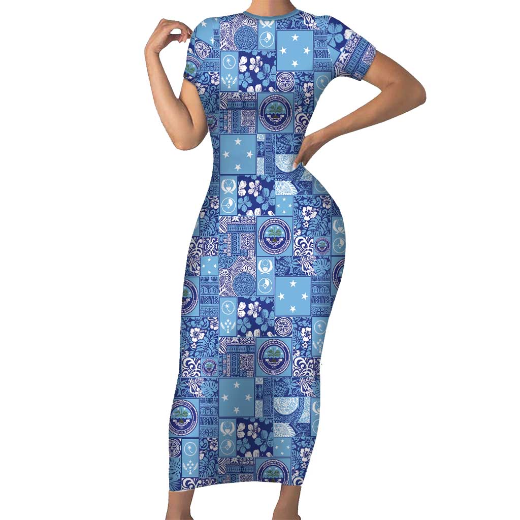 Federated States of Micronesia Merry Christmas Short Sleeve Bodycon Dress Pacific Patchwork Xmas Vibes - Polynesian Pride