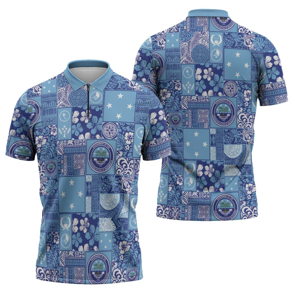 Federated States of Micronesia Merry Christmas Zipper Polo Shirt Pacific Patchwork Xmas Vibes - Polynesian Pride