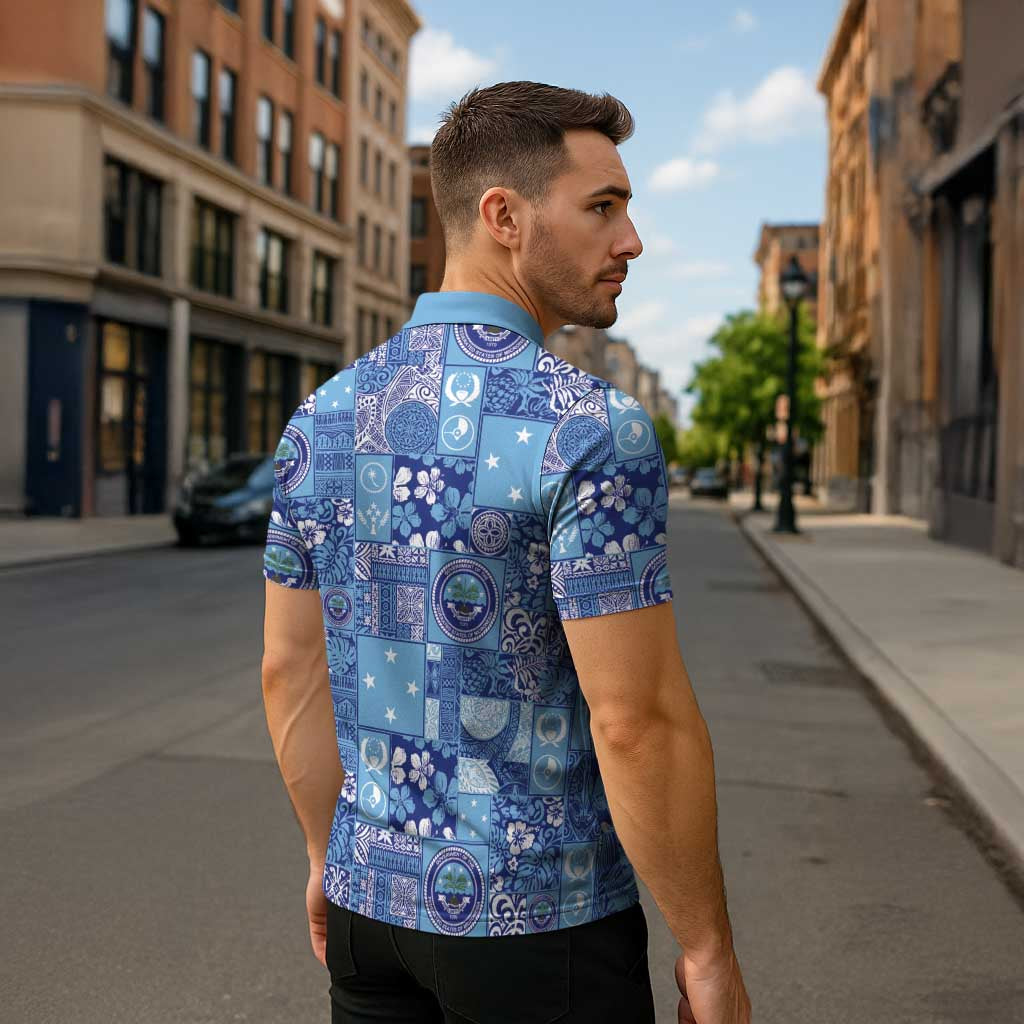 Federated States of Micronesia Merry Christmas Zipper Polo Shirt Pacific Patchwork Xmas Vibes - Polynesian Pride