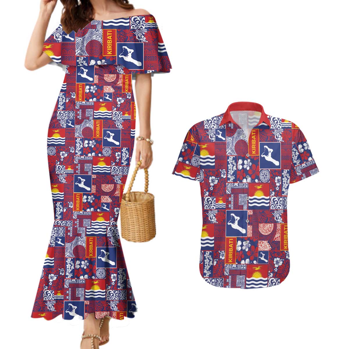 Kiribati Tekeraoi n te Kiritimati Couples Matching Mermaid Dress and Hawaiian Shirt Pacific Patchwork Xmas Vibes LT9 Red - Polynesian Pride
