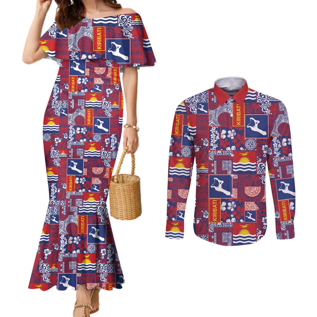 Kiribati Tekeraoi n te Kiritimati Couples Matching Mermaid Dress and Long Sleeve Button Shirt Pacific Patchwork Xmas Vibes - Polynesian Pride