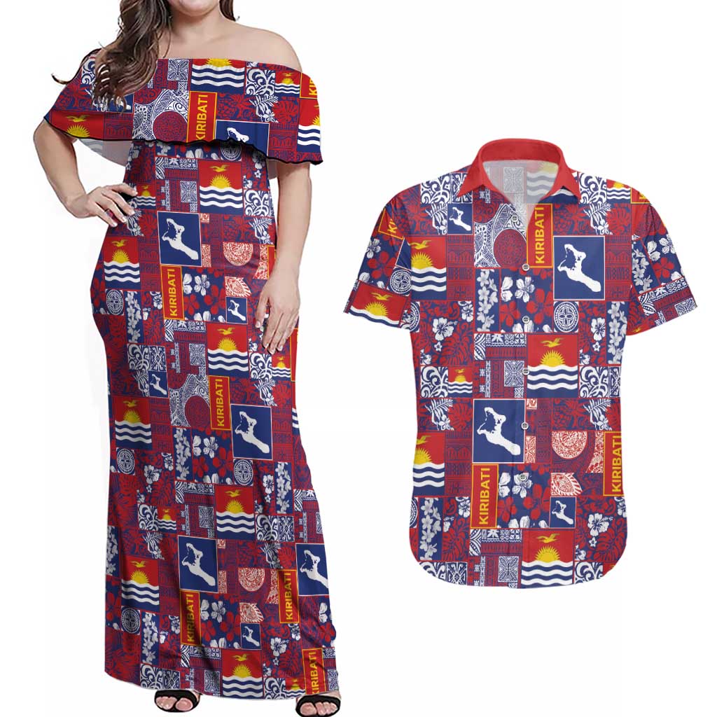 Kiribati Tekeraoi n te Kiritimati Couples Matching Off Shoulder Maxi Dress and Hawaiian Shirt Pacific Patchwork Xmas Vibes - Polynesian Pride