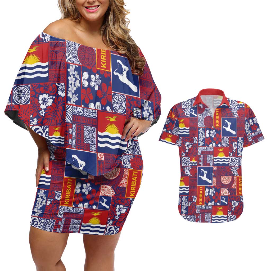 Kiribati Tekeraoi n te Kiritimati Couples Matching Off Shoulder Short Dress and Hawaiian Shirt Pacific Patchwork Xmas Vibes LT9 Red - Polynesian Pride