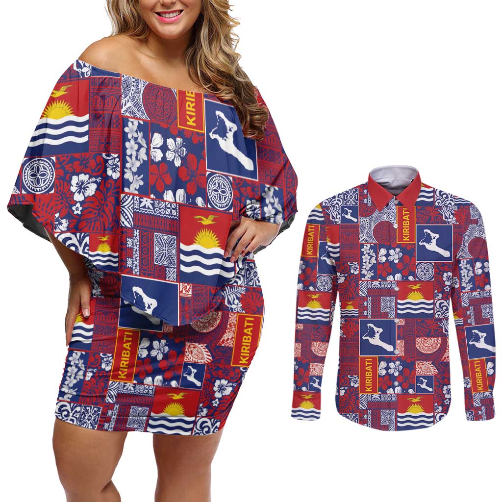 Kiribati Tekeraoi n te Kiritimati Couples Matching Off Shoulder Short Dress and Long Sleeve Button Shirt Pacific Patchwork Xmas Vibes LT9 Red - Polynesian Pride