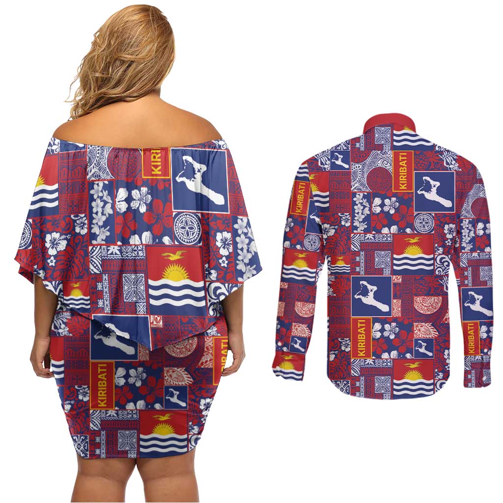 Kiribati Tekeraoi n te Kiritimati Couples Matching Off Shoulder Short Dress and Long Sleeve Button Shirt Pacific Patchwork Xmas Vibes LT9 - Polynesian Pride