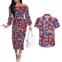 Kiribati Tekeraoi n te Kiritimati Couples Matching Off The Shoulder Long Sleeve Dress and Hawaiian Shirt Pacific Patchwork Xmas Vibes LT9 Red - Polynesian Pride