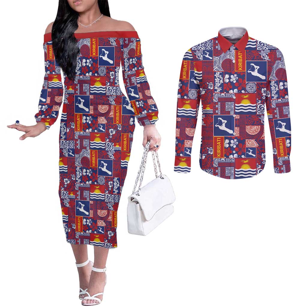 Kiribati Tekeraoi n te Kiritimati Couples Matching Off The Shoulder Long Sleeve Dress and Long Sleeve Button Shirt Pacific Patchwork Xmas Vibes LT9 Red - Polynesian Pride