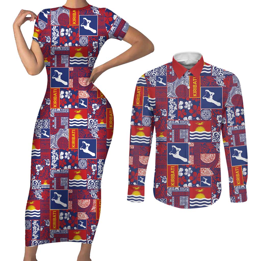 Kiribati Tekeraoi n te Kiritimati Couples Matching Short Sleeve Bodycon Dress and Long Sleeve Button Shirt Pacific Patchwork Xmas Vibes LT9 Red - Polynesian Pride
