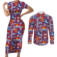 Kiribati Tekeraoi n te Kiritimati Couples Matching Short Sleeve Bodycon Dress and Long Sleeve Button Shirt Pacific Patchwork Xmas Vibes LT9 Red - Polynesian Pride