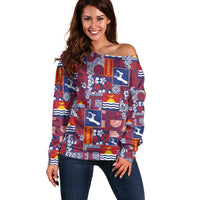 Kiribati Tekeraoi n te Kiritimati Off Shoulder Sweater Pacific Patchwork Xmas Vibes LT9 Women Red - Polynesian Pride