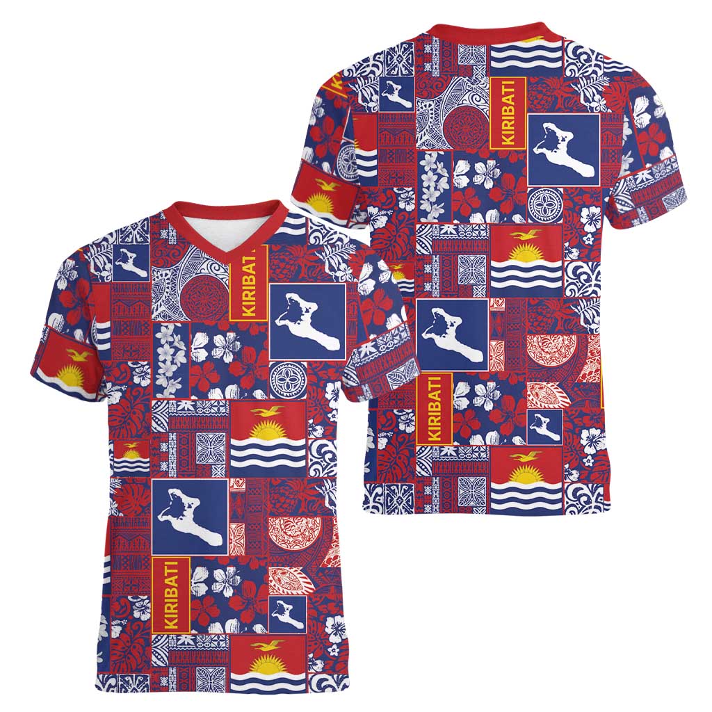 Kiribati Tekeraoi n te Kiritimati Women V-Neck T-Shirt Pacific Patchwork Xmas Vibes - Polynesian Pride