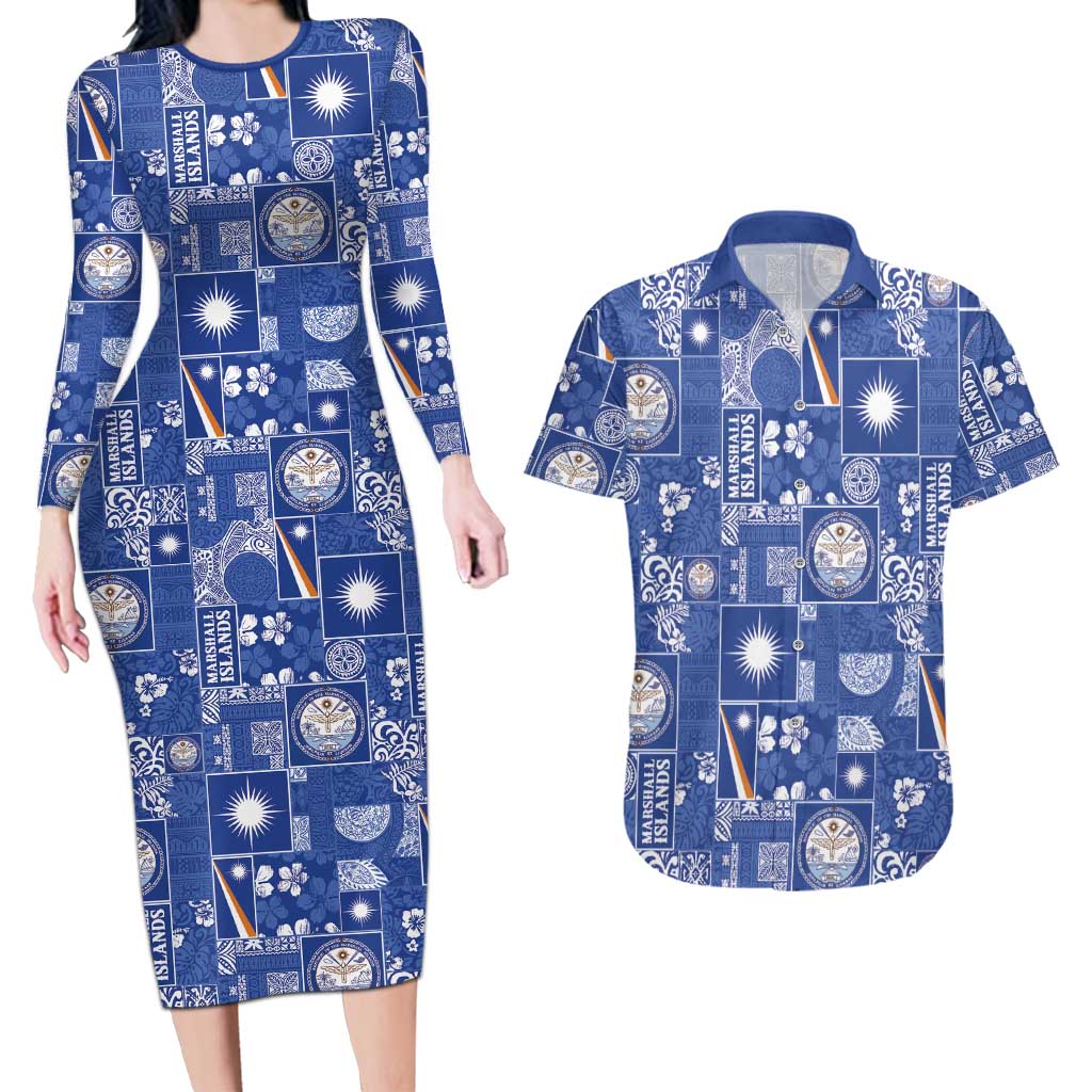 Marshall Islands Merry Christmas Couples Matching Long Sleeve Bodycon Dress and Hawaiian Shirt Pacific Patchwork Xmas Vibes - Polynesian Pride