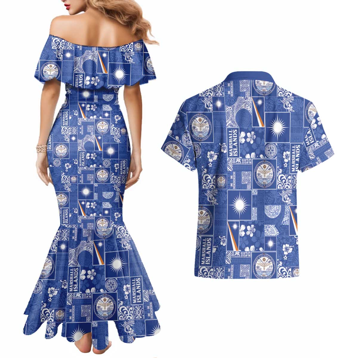 Marshall Islands Merry Christmas Couples Matching Mermaid Dress and Hawaiian Shirt Pacific Patchwork Xmas Vibes - Polynesian Pride