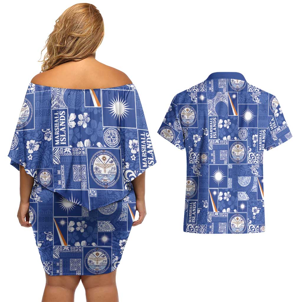 Marshall Islands Merry Christmas Couples Matching Off Shoulder Short Dress and Hawaiian Shirt Pacific Patchwork Xmas Vibes - Polynesian Pride