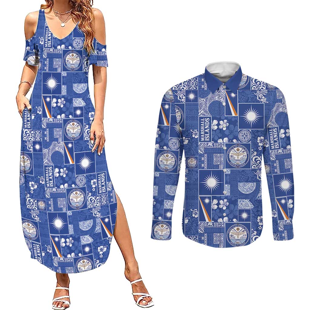 Marshall Islands Merry Christmas Couples Matching Summer Maxi Dress and Long Sleeve Button Shirt Pacific Patchwork Xmas Vibes - Polynesian Pride
