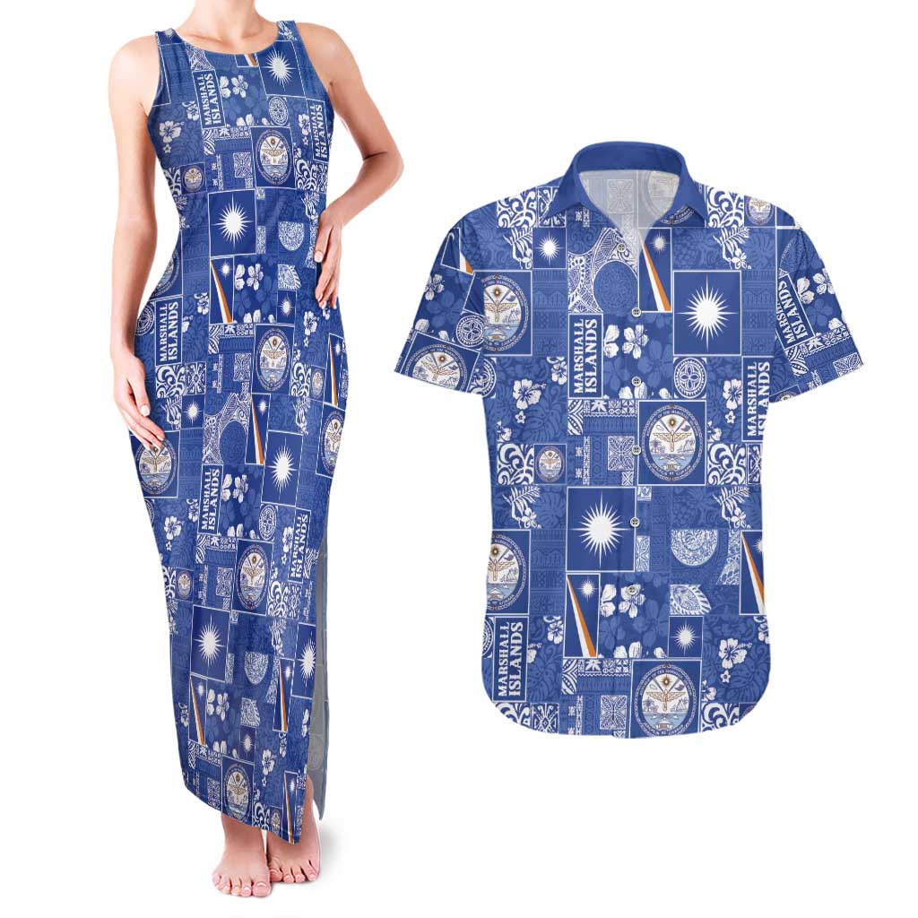 Marshall Islands Merry Christmas Couples Matching Tank Maxi Dress and Hawaiian Shirt Pacific Patchwork Xmas Vibes - Polynesian Pride
