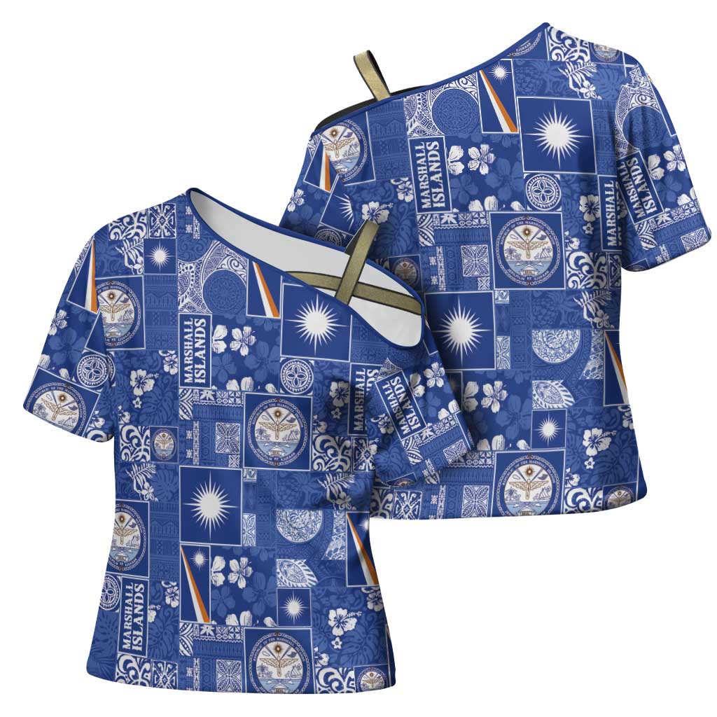 Marshall Islands Merry Christmas Cross Shoulder Shirt Pacific Patchwork Xmas Vibes - Polynesian Pride