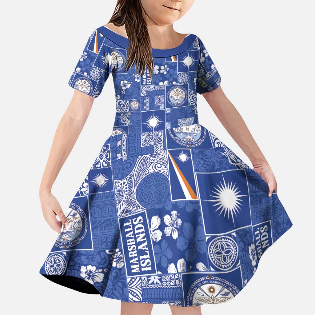 Marshall Islands Merry Christmas Family Matching Mermaid Dress and Hawaiian Shirt Pacific Patchwork Xmas Vibes LT9 Daughter's Dress Blue - Polynesian Pride
