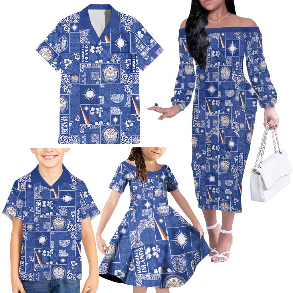 Marshall Islands Merry Christmas Family Matching Off The Shoulder Long Sleeve Dress and Hawaiian Shirt Pacific Patchwork Xmas Vibes - Polynesian Pride