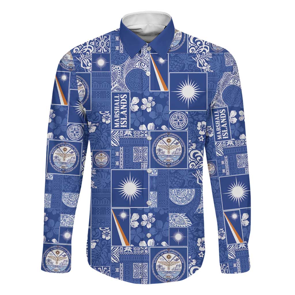 Marshall Islands Merry Christmas Family Matching Off Shoulder Maxi Dress and Hawaiian Shirt Pacific Patchwork Xmas Vibes LT9 Dad's Shirt - Long Sleeve Blue - Polynesian Pride