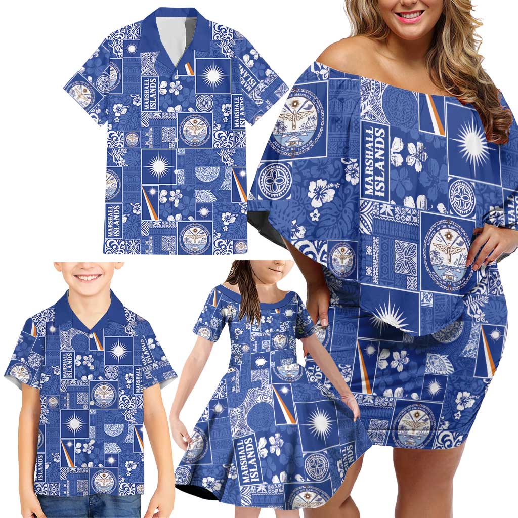 Marshall Islands Merry Christmas Family Matching Off Shoulder Short Dress and Hawaiian Shirt Pacific Patchwork Xmas Vibes - Polynesian Pride