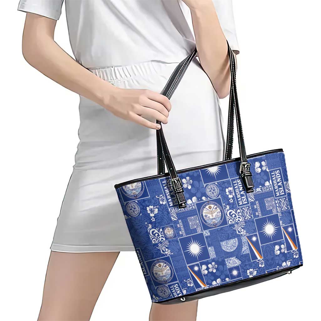 Marshall Islands Merry Christmas Leather Tote Bag Pacific Patchwork Xmas Vibes - Polynesian Pride