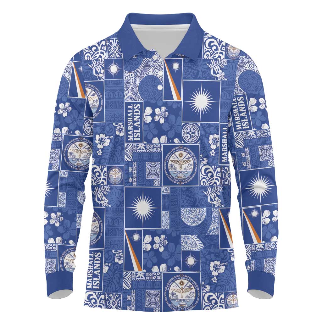 Marshall Islands Merry Christmas Long Sleeve Polo Shirt Pacific Patchwork Xmas Vibes LT9 Blue - Polynesian Pride