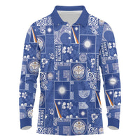 Marshall Islands Merry Christmas Long Sleeve Polo Shirt Pacific Patchwork Xmas Vibes LT9 Blue - Polynesian Pride