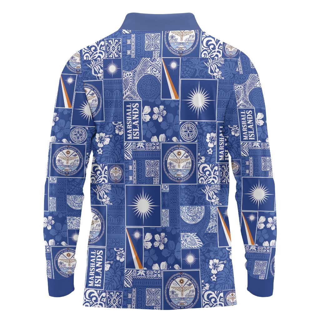 Marshall Islands Merry Christmas Long Sleeve Polo Shirt Pacific Patchwork Xmas Vibes LT9 - Polynesian Pride