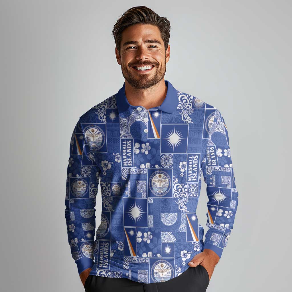 Marshall Islands Merry Christmas Long Sleeve Polo Shirt Pacific Patchwork Xmas Vibes LT9 - Polynesian Pride