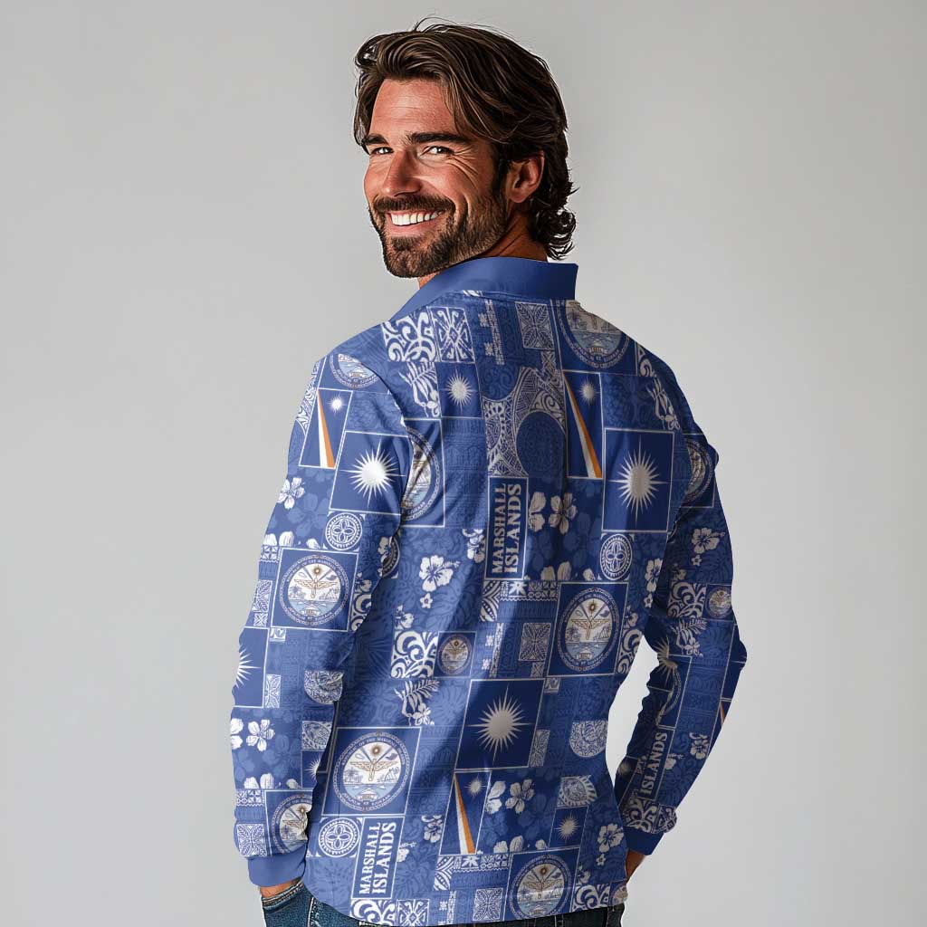 Marshall Islands Merry Christmas Long Sleeve Polo Shirt Pacific Patchwork Xmas Vibes LT9 - Polynesian Pride