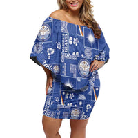 Marshall Islands Merry Christmas Off Shoulder Short Dress Pacific Patchwork Xmas Vibes LT9 Women Blue - Polynesian Pride