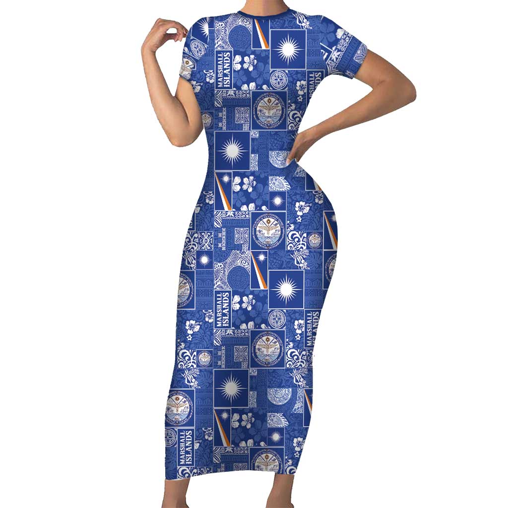 Marshall Islands Merry Christmas Short Sleeve Bodycon Dress Pacific Patchwork Xmas Vibes - Polynesian Pride