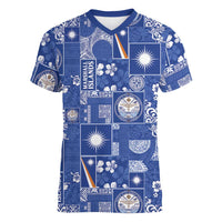 Marshall Islands Merry Christmas Women V-Neck T-Shirt Pacific Patchwork Xmas Vibes LT9 Female Blue - Polynesian Pride