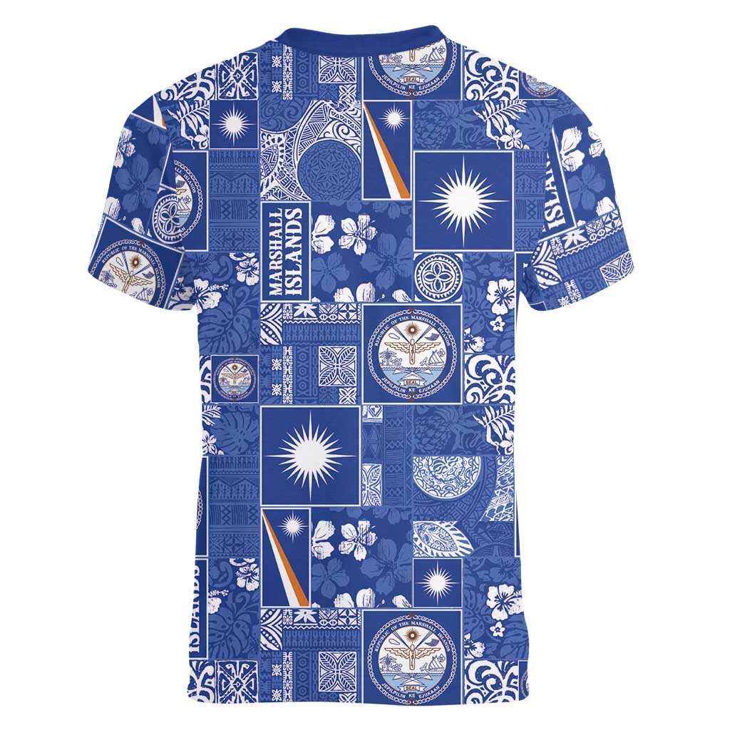 Marshall Islands Merry Christmas Women V-Neck T-Shirt Pacific Patchwork Xmas Vibes LT9 - Polynesian Pride