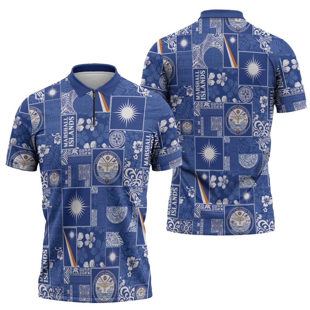 Marshall Islands Merry Christmas Zipper Polo Shirt Pacific Patchwork Xmas Vibes - Polynesian Pride
