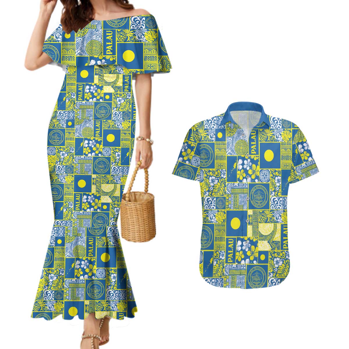 Palau Ungil Kurismas Couples Matching Mermaid Dress and Hawaiian Shirt Pacific Patchwork Xmas Vibes - Polynesian Pride