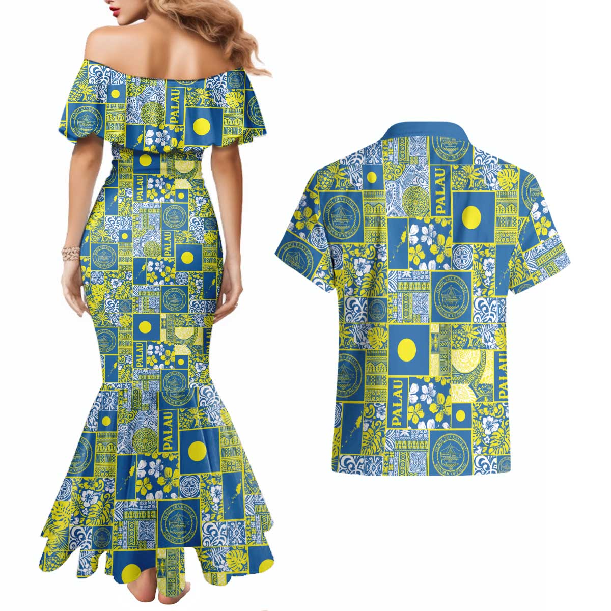 Palau Ungil Kurismas Couples Matching Mermaid Dress and Hawaiian Shirt Pacific Patchwork Xmas Vibes - Polynesian Pride