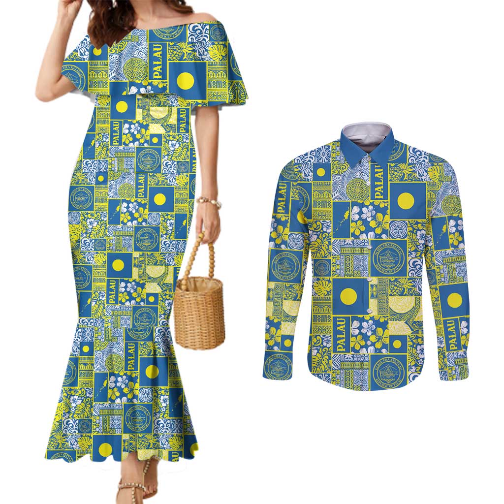 Palau Ungil Kurismas Couples Matching Mermaid Dress and Long Sleeve Button Shirt Pacific Patchwork Xmas Vibes - Polynesian Pride