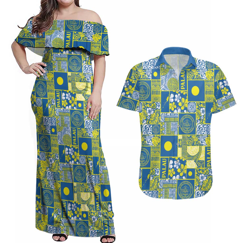 Palau Ungil Kurismas Couples Matching Off Shoulder Maxi Dress and Hawaiian Shirt Pacific Patchwork Xmas Vibes LT9 Green - Polynesian Pride