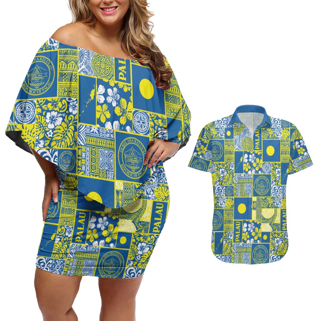 Palau Ungil Kurismas Couples Matching Off Shoulder Short Dress and Hawaiian Shirt Pacific Patchwork Xmas Vibes - Polynesian Pride