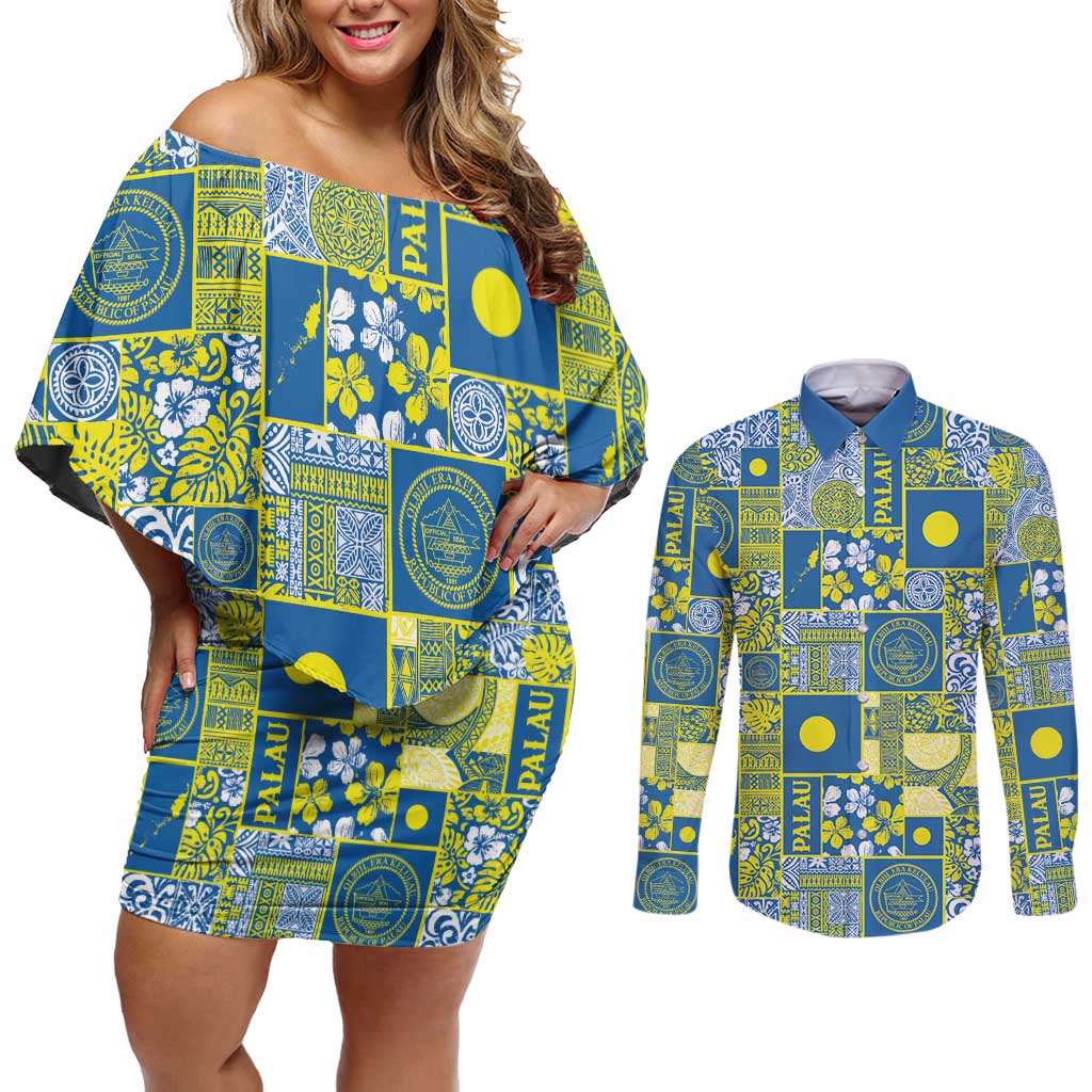Palau Ungil Kurismas Couples Matching Off Shoulder Short Dress and Long Sleeve Button Shirt Pacific Patchwork Xmas Vibes LT9 Green - Polynesian Pride
