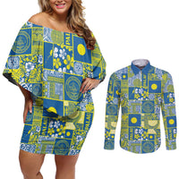 Palau Ungil Kurismas Couples Matching Off Shoulder Short Dress and Long Sleeve Button Shirt Pacific Patchwork Xmas Vibes LT9 Green - Polynesian Pride