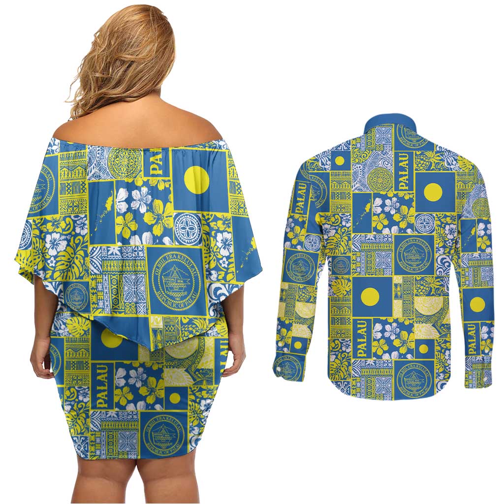 Palau Ungil Kurismas Couples Matching Off Shoulder Short Dress and Long Sleeve Button Shirt Pacific Patchwork Xmas Vibes LT9 - Polynesian Pride