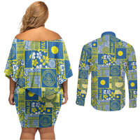 Palau Ungil Kurismas Couples Matching Off Shoulder Short Dress and Long Sleeve Button Shirt Pacific Patchwork Xmas Vibes LT9 - Polynesian Pride