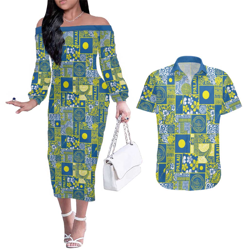 Palau Ungil Kurismas Couples Matching Off The Shoulder Long Sleeve Dress and Hawaiian Shirt Pacific Patchwork Xmas Vibes - Polynesian Pride