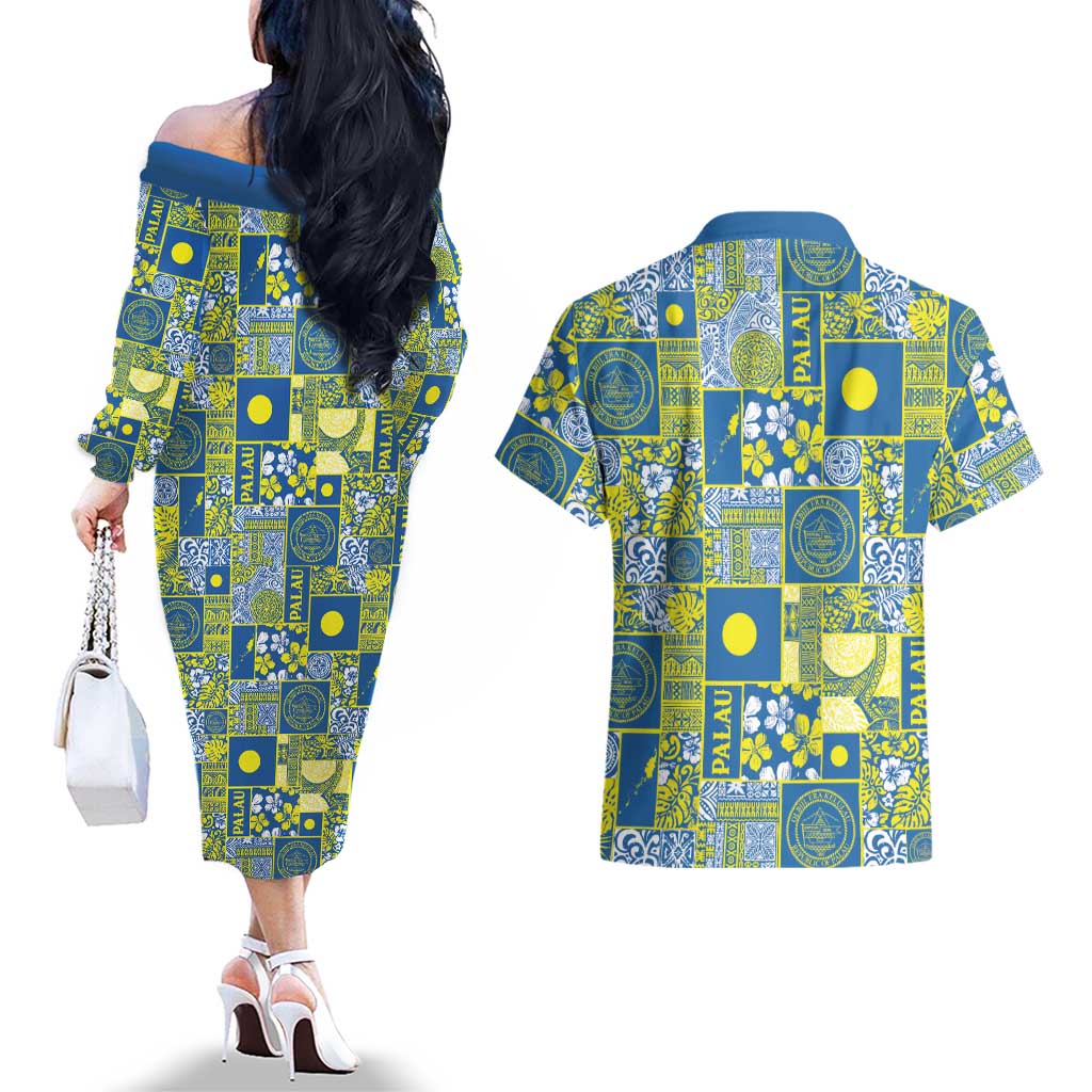 Palau Ungil Kurismas Couples Matching Off The Shoulder Long Sleeve Dress and Hawaiian Shirt Pacific Patchwork Xmas Vibes LT9 - Polynesian Pride