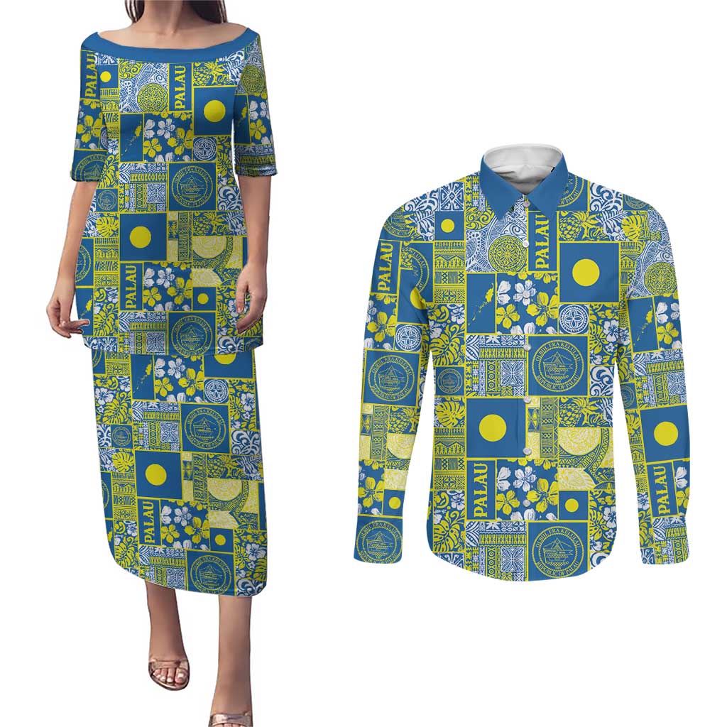 Palau Ungil Kurismas Couples Matching Puletasi and Long Sleeve Button Shirt Pacific Patchwork Xmas Vibes - Polynesian Pride
