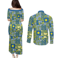 Palau Ungil Kurismas Couples Matching Puletasi and Long Sleeve Button Shirt Pacific Patchwork Xmas Vibes - Polynesian Pride